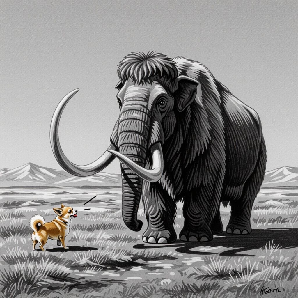 Mammoth and Chihuahua in Tundra Charcoal Drawing