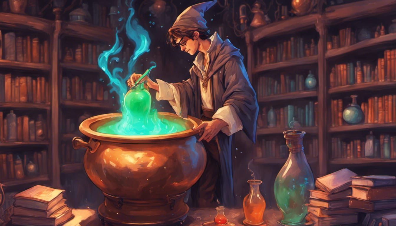 Wizard Brewing Neon Potions in Cauldron