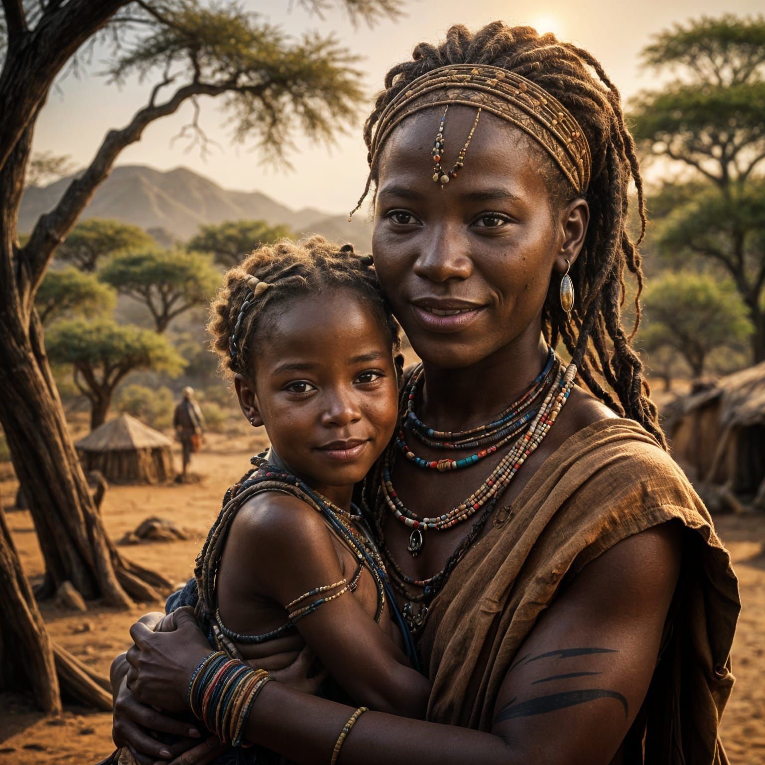 Himba girl in the darkness, "Holding her small "baby" in her...