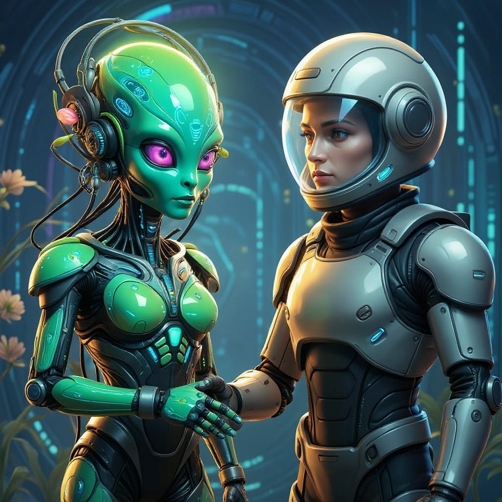 Biomechanical Alien Greets Human in Futuristic Suit