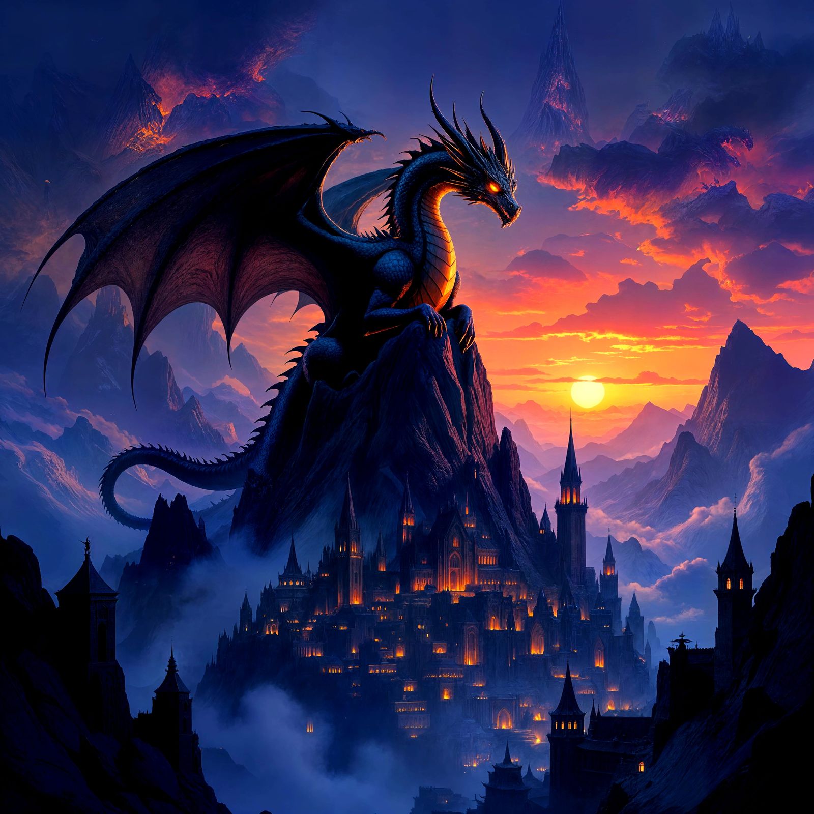 Ancient Dragon Over Gothic City in Dark Fantasy Style