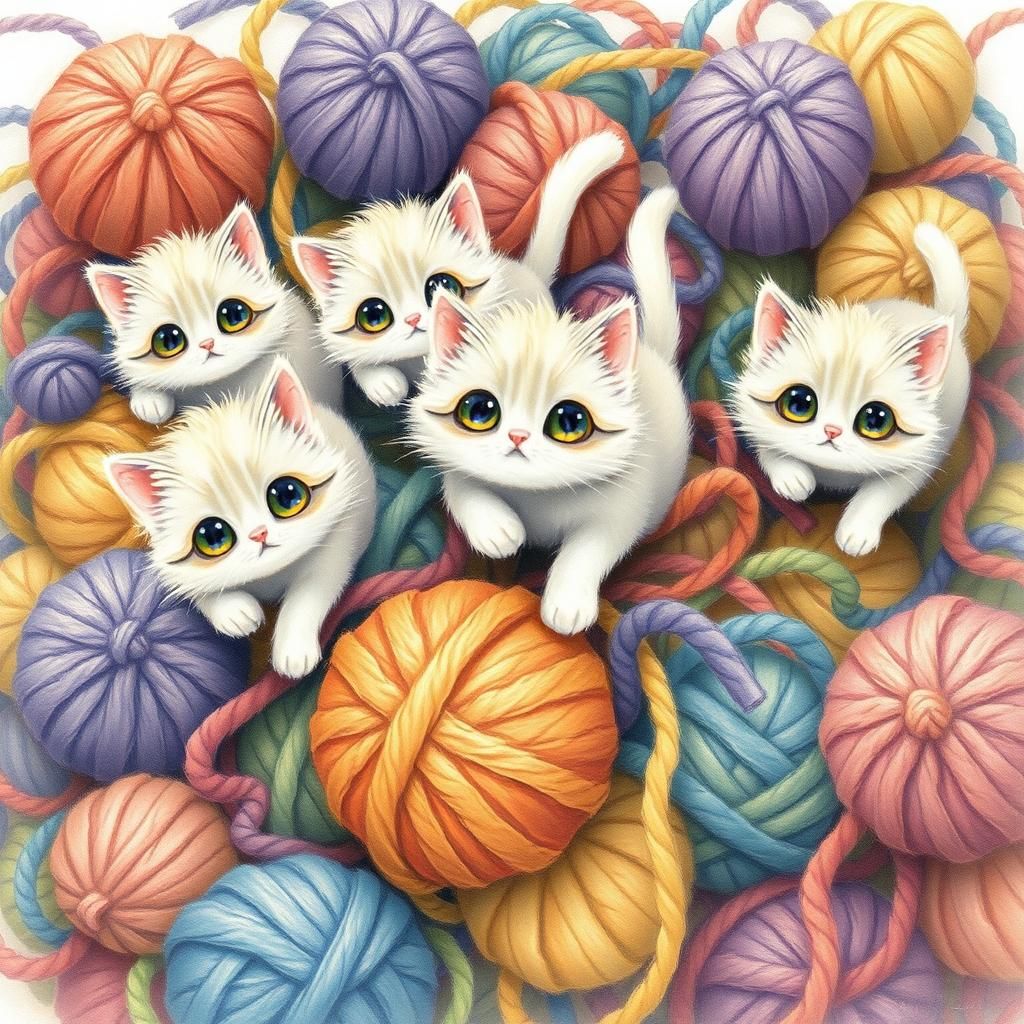 Cats Play With Wool in Watercolor Illustration Style