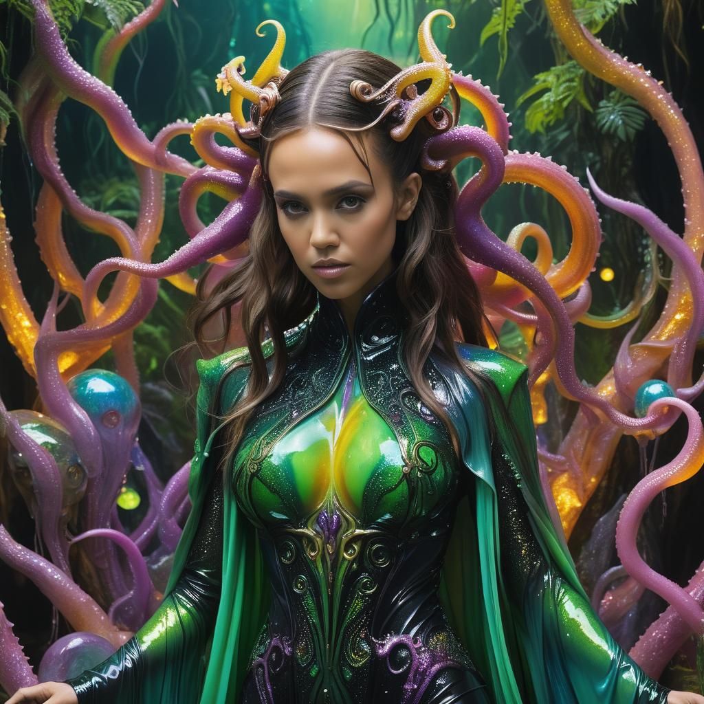 Cthulhu Woman in Iridescent Suit, Digital Art