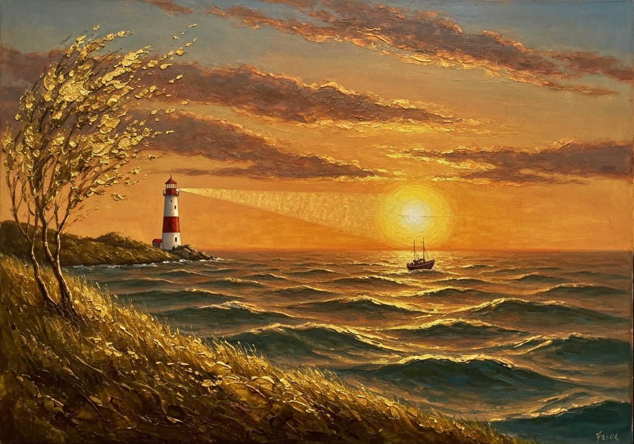Golden Encaustic Landscape: Lighthouse and Stormy Sea