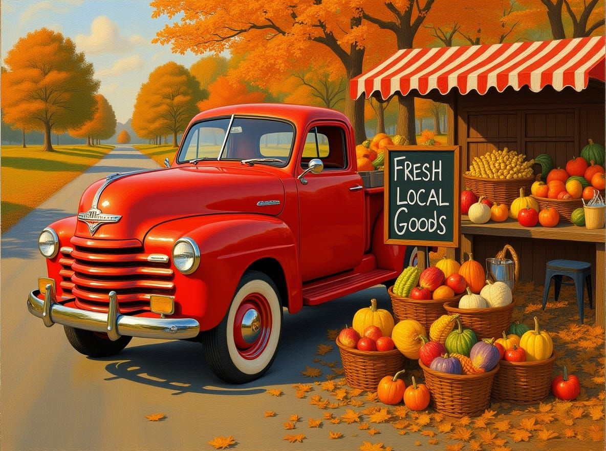 Autumn Harvest Truck in Nostalgic Oil Painting Style