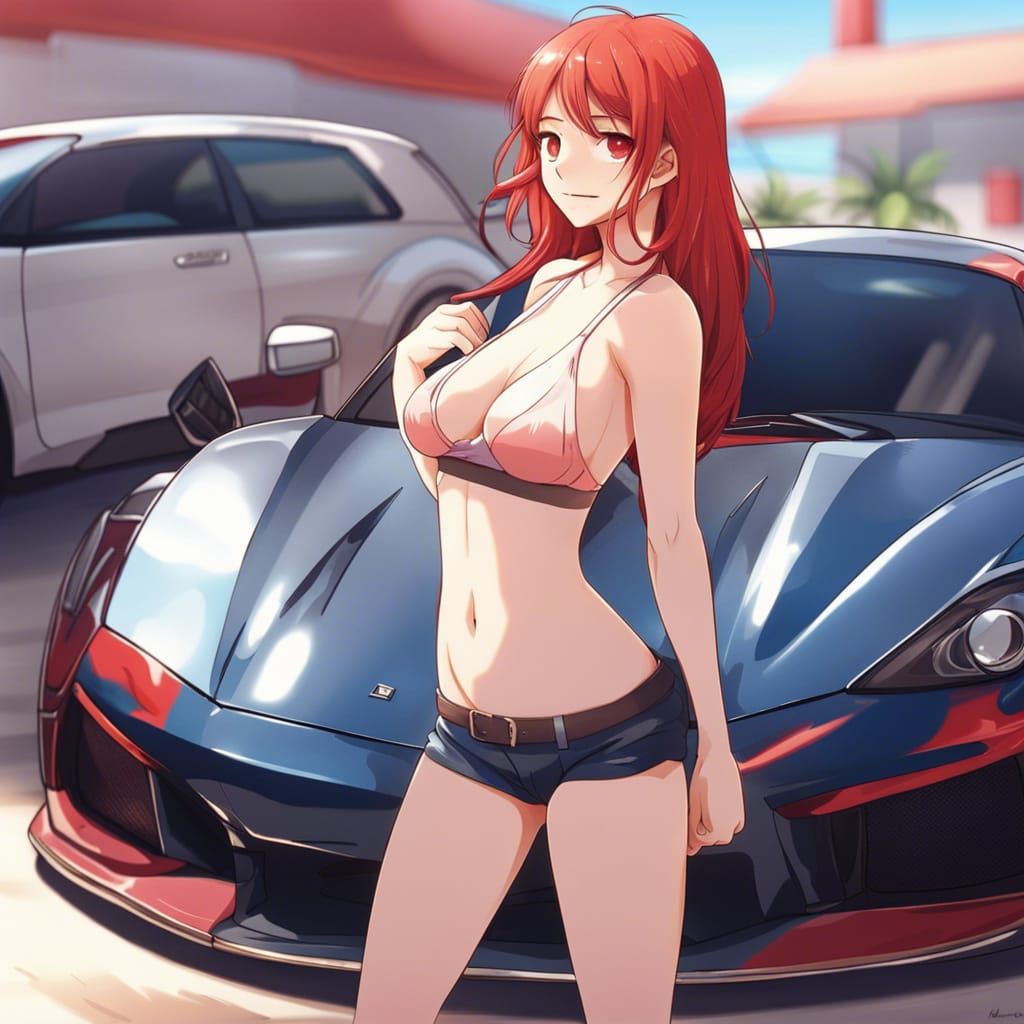 Anime Style: Red Hair Girl and Supercar
