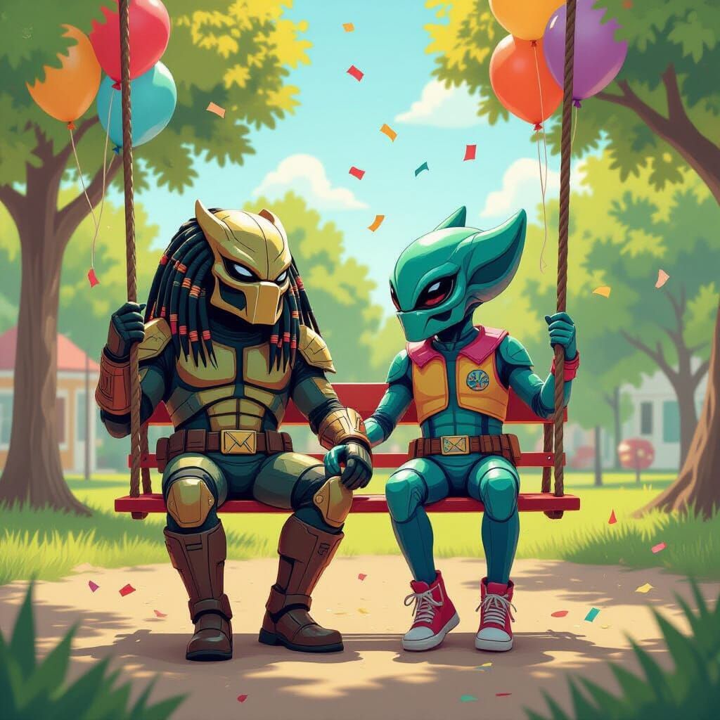 Predator and Alien on a Playground Swing