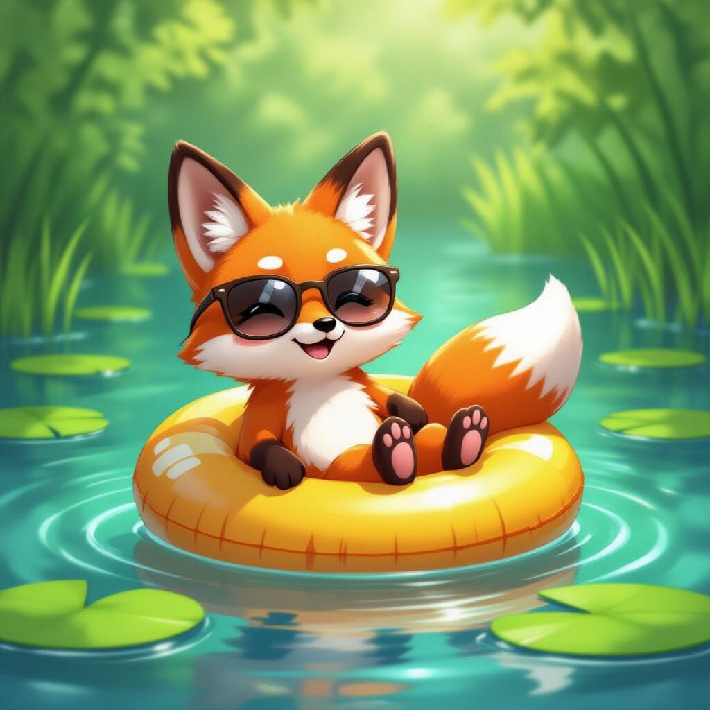 Chibi Fox Relaxation: Anime-Style Pond Scene