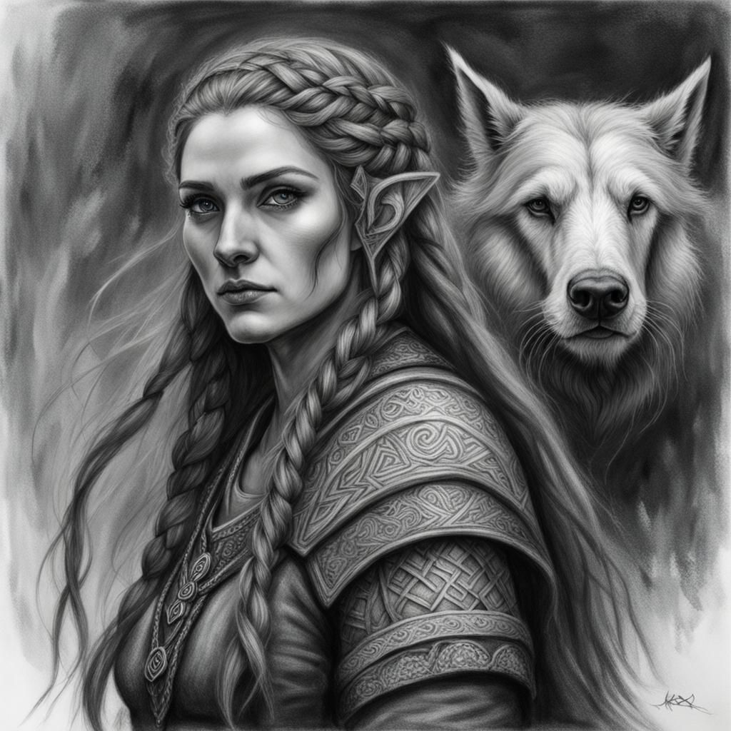 Detailed Charcoal Drawing of a Female Firbolg Druid