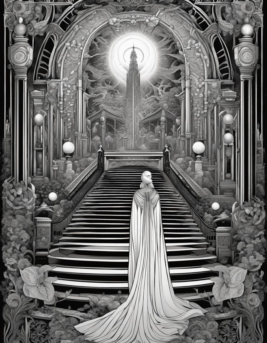 Mysterious Figure Ascends Radiant Staircase in Geometric Cit...