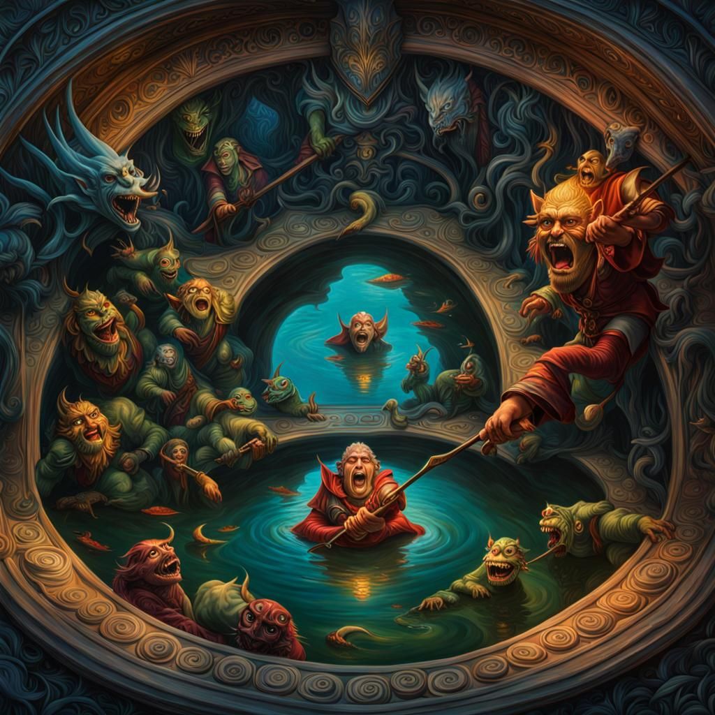 Hobgoblins Play in Astral Pond, Hyperrealist Art Deco