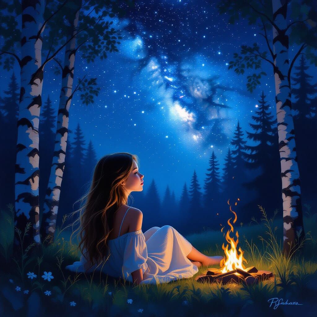 Girl Gazes at Milky Way in Moonlit Forest Clearing