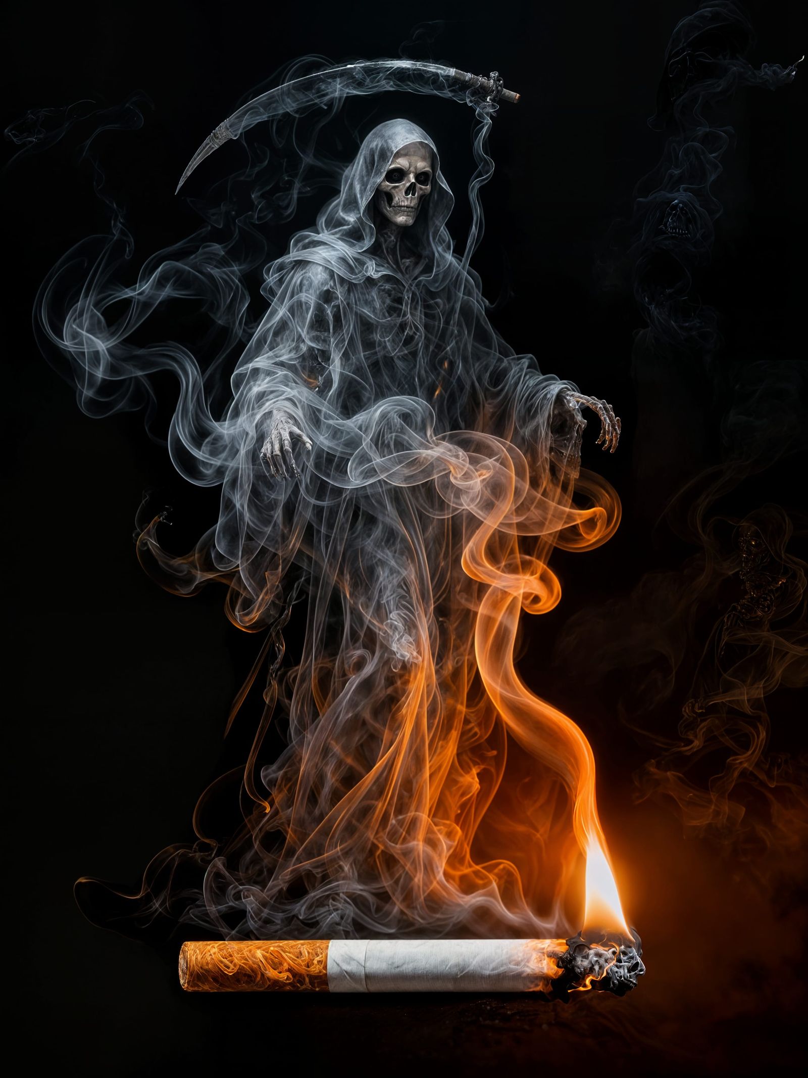 Grim Reaper Made of Smoke Above Burning Cigarette