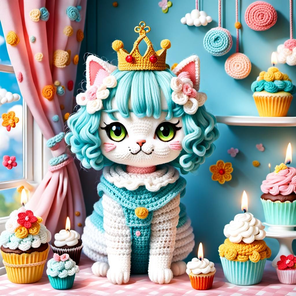 Cute Crocheted Cat in Colorful Cottagecore Cafe