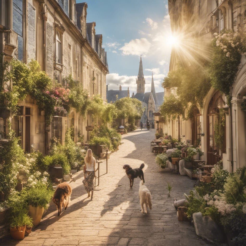 Sunny Morning in French Town Square