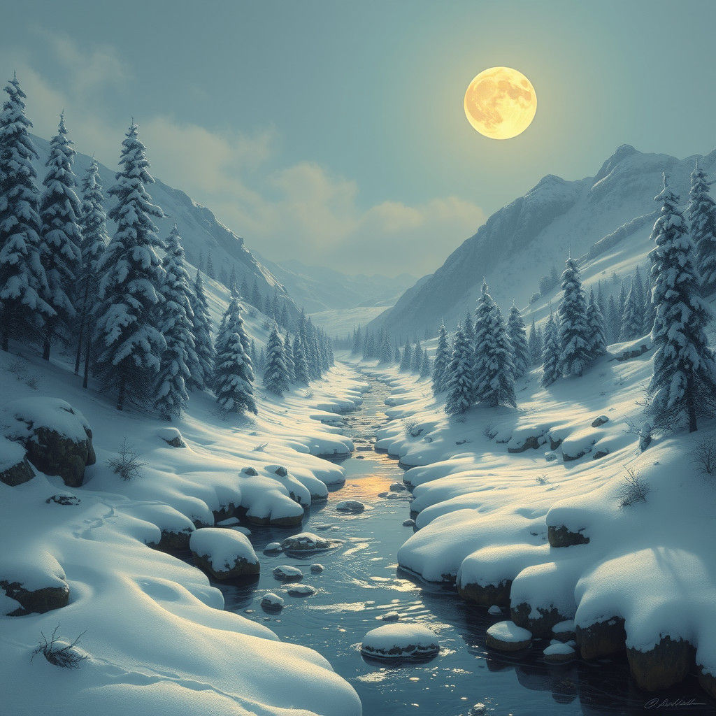 Moonlit Winter Landscape in Matte Painting Style