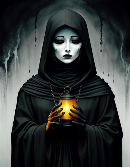 Ethereal Horror: Woman with Lantern in Beksiński Style