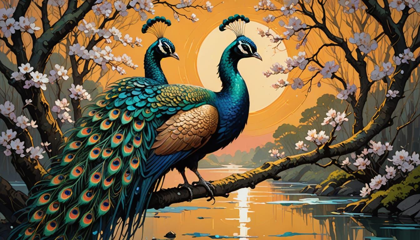 Peacock in Cherry Blossoms: Impasto Digital Illustration