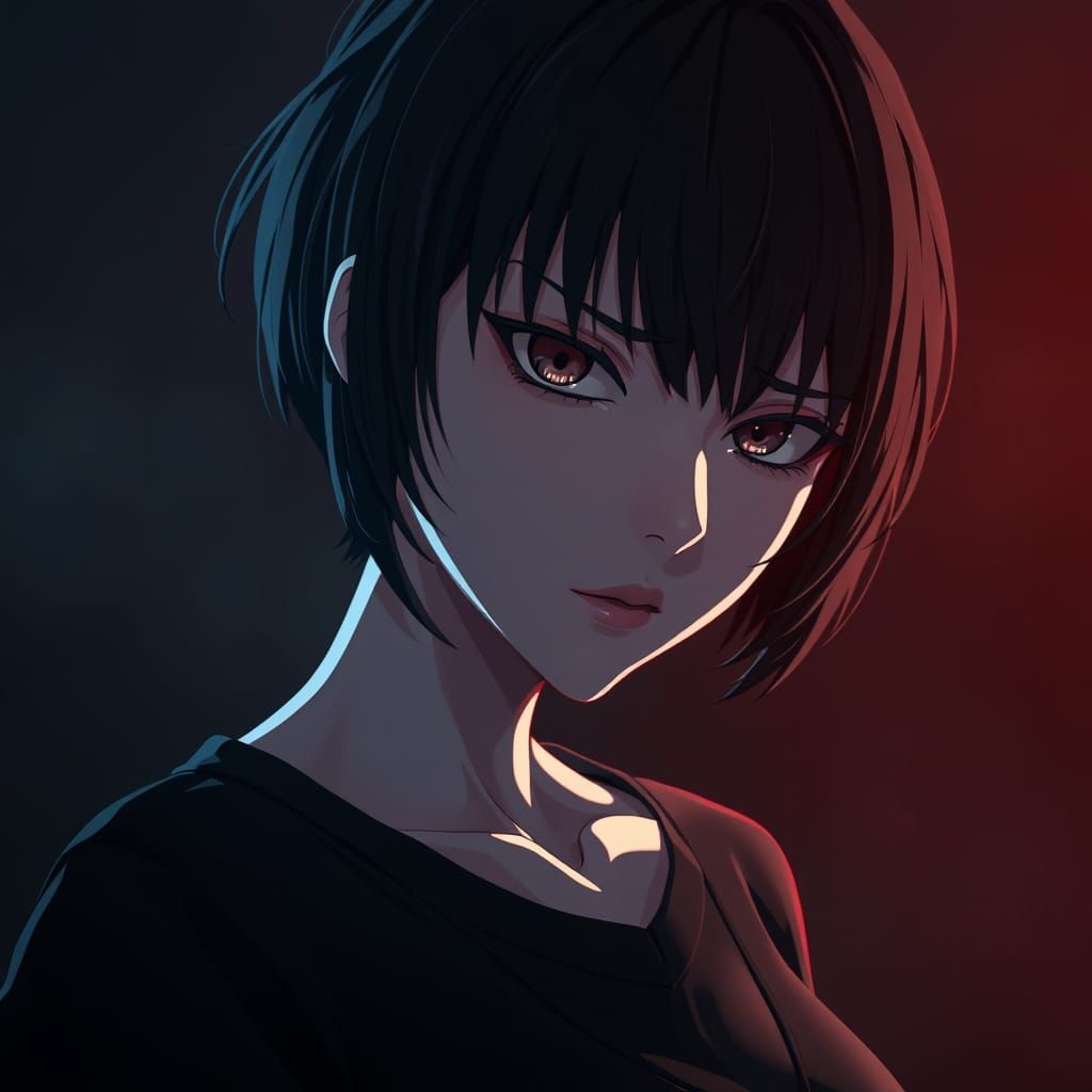 Dark Anime Woman with Haunted Expression