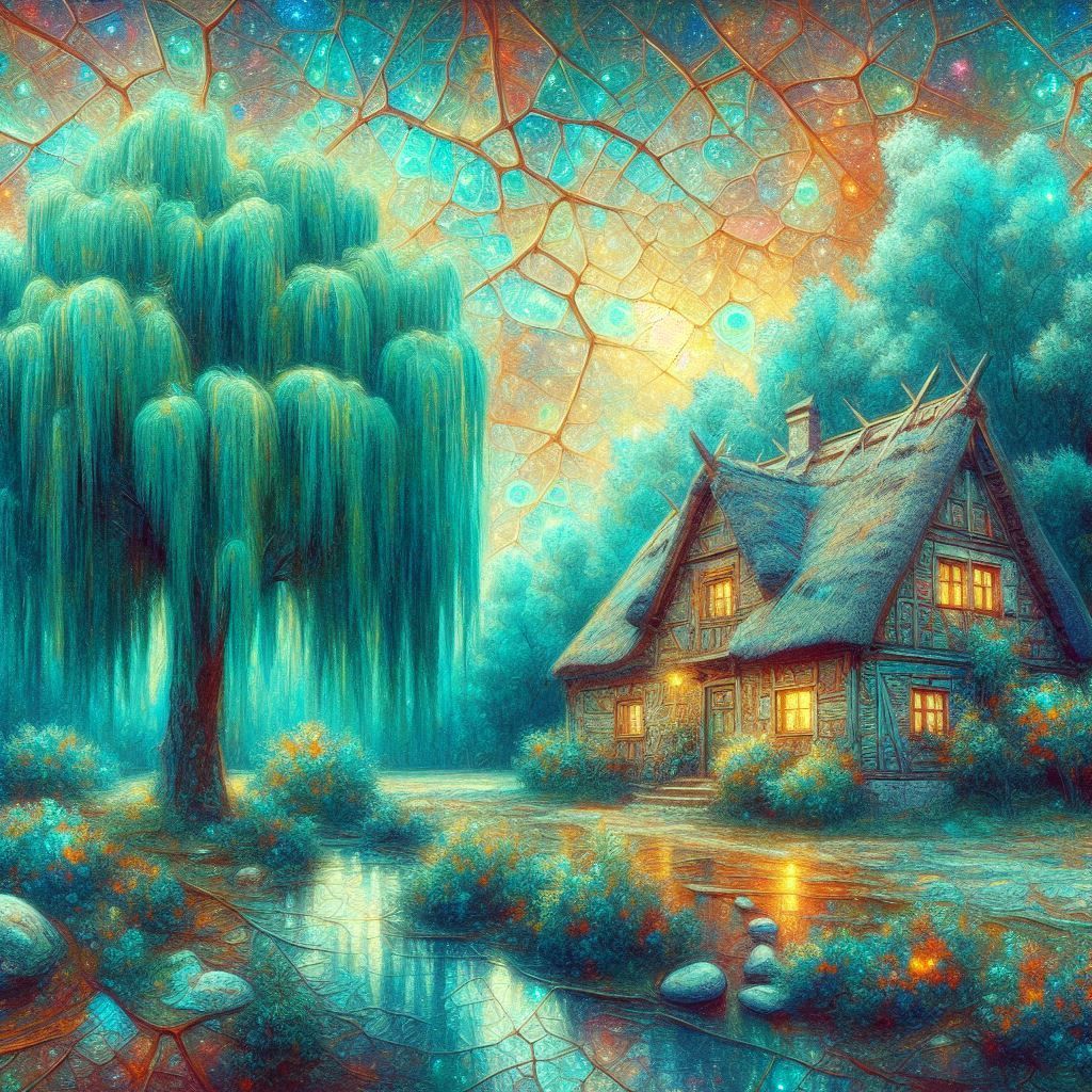 A cottage and a magical weeping willow tree