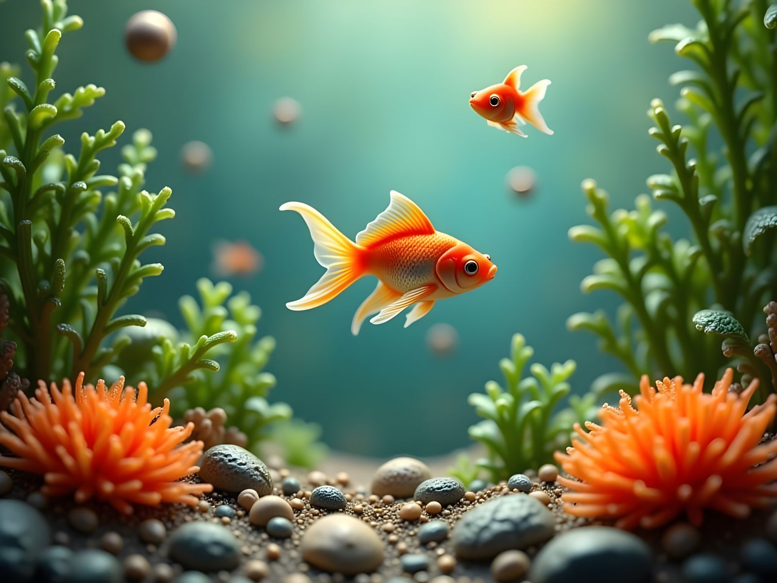 plastic goldfish figurine, underwater miniature toy world, <lora:Mini World:1.0> 