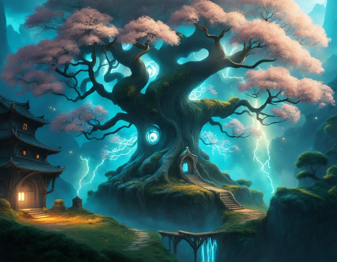 An enchanted cherry-blossom sacred tree   by @Ivone