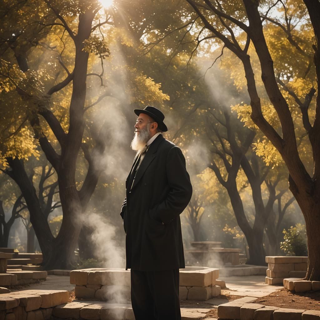 Wise Rabbi Standing on Yeshiva Grounds in Serene Landscape