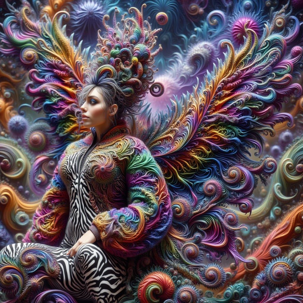 <lora:kkd-fractalcolor:1.0>fairy wearing a patterned coat, pointy hair, Fractal, surreal, colorful, zebra patterns, swirl