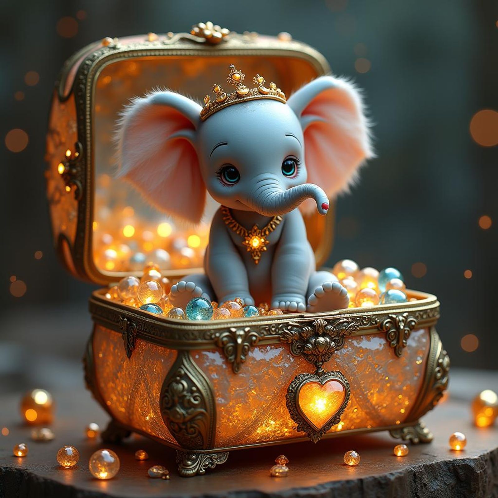 A cute miniature baby elephant sitting in a glass jewelry box