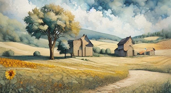 Whimsical Watercolor Village Scene in Dreamy Art Style