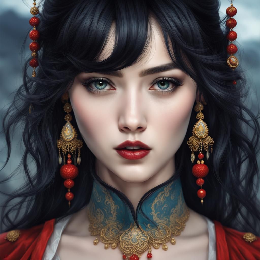 East Asia woman with heterochromia, the left eye grayish blue and the