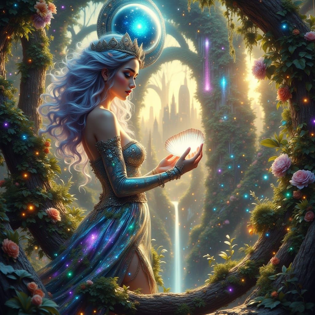 <lora:Steampunk World:1.0> <lora:Jelly Anime:1.0> <lora:Pinup Flux:1.0> <lora:Don Macana Style:1.0> A woman with flowing, iridescent hair st...