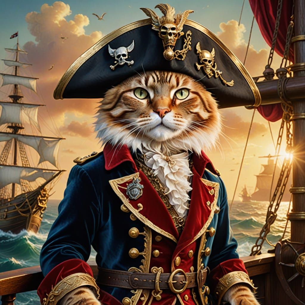 Captain Whiskerpaws
A regal cat stands at the helm of a pirate ship, wearing a red velvet captain’s coat, ...  by @Moonflowerrose