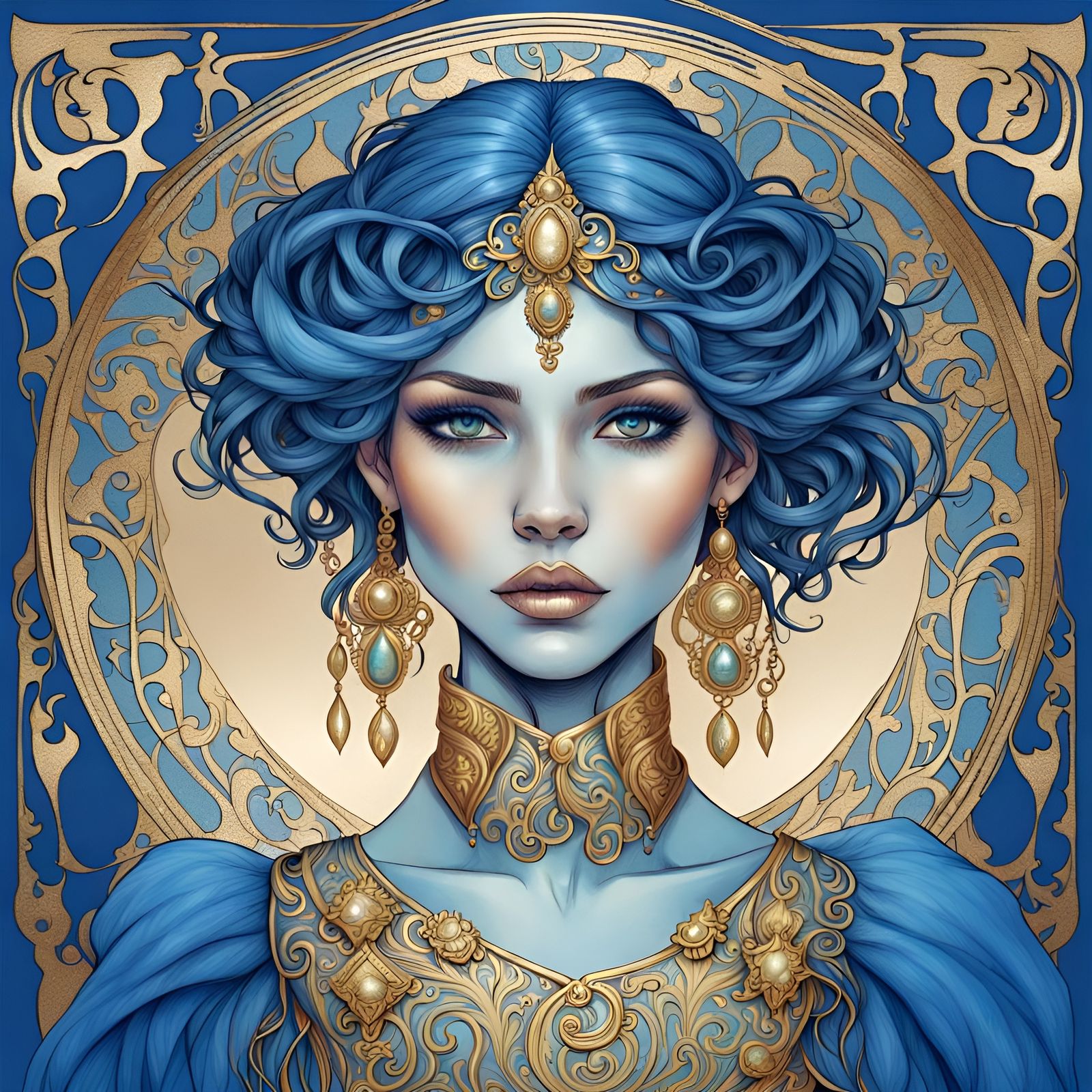 Blue & Gold Cute Woman - AI Generated Artwork - NightCafe Creator