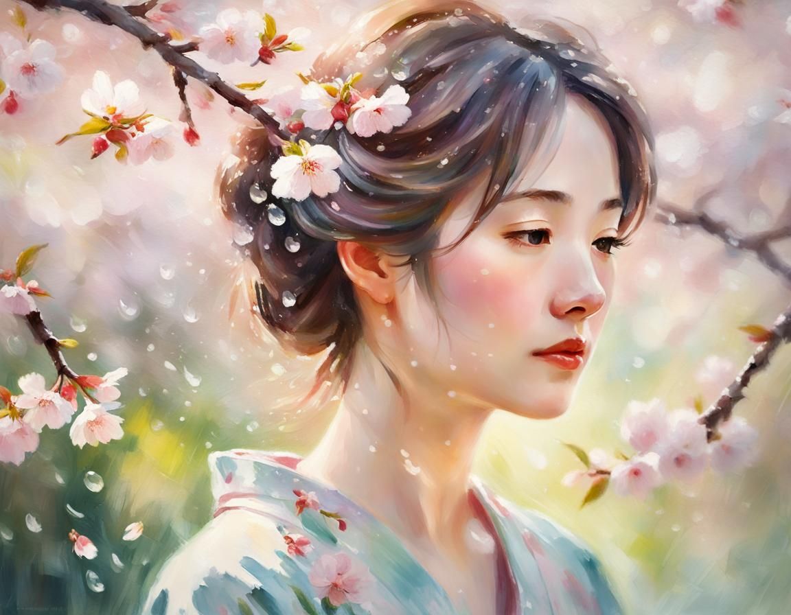 Elegant Woman in Cherry Blossom Garden - Impressionist Oil P...
