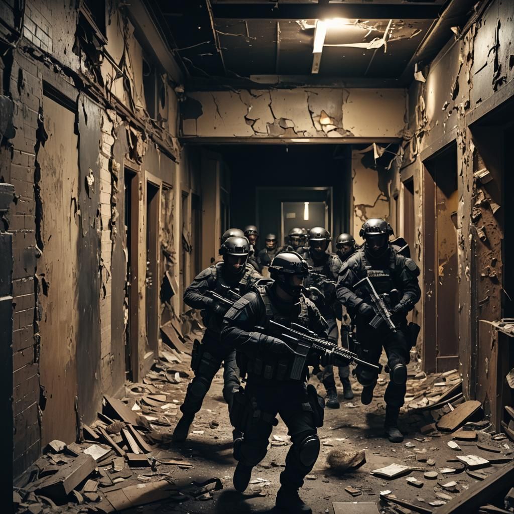 Swat infiltrating crumbling apartment complex, hyperrealistic