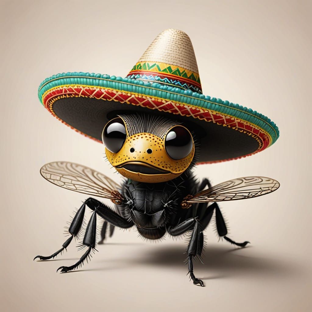A Spanish Fly wearing a little Sombrero on its head as it flutters about photoreslistic illustration ...  by @Mike Sarzo