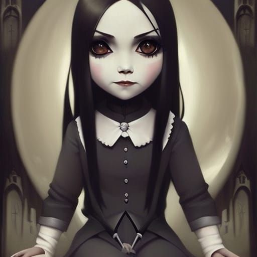 Chibi Gothic Wednesday Addams in Cemetery Moonlight