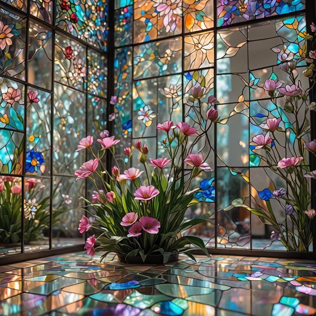 Surreal Luxury Bedroom with Iridescent Glass Walls and Bloom...