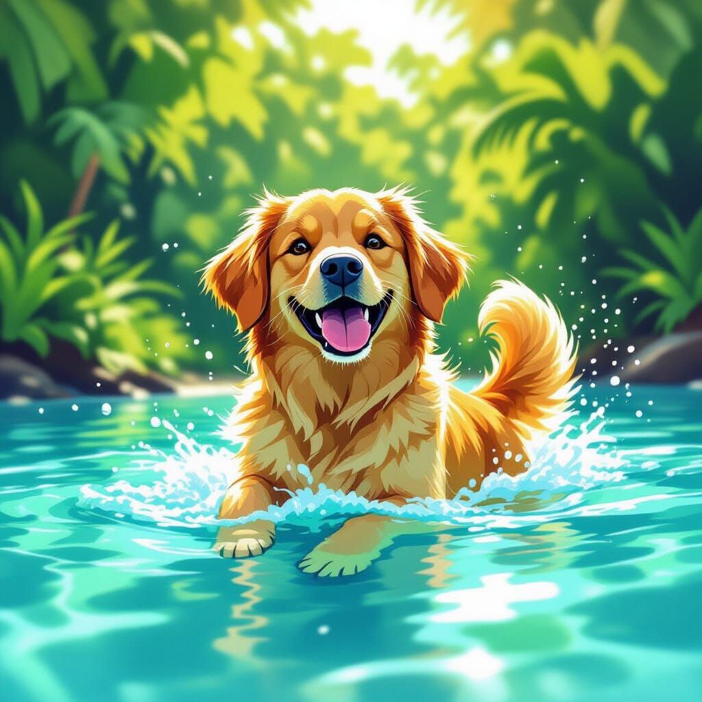 Golden Dog Plays in Turquoise Water: Digital Art