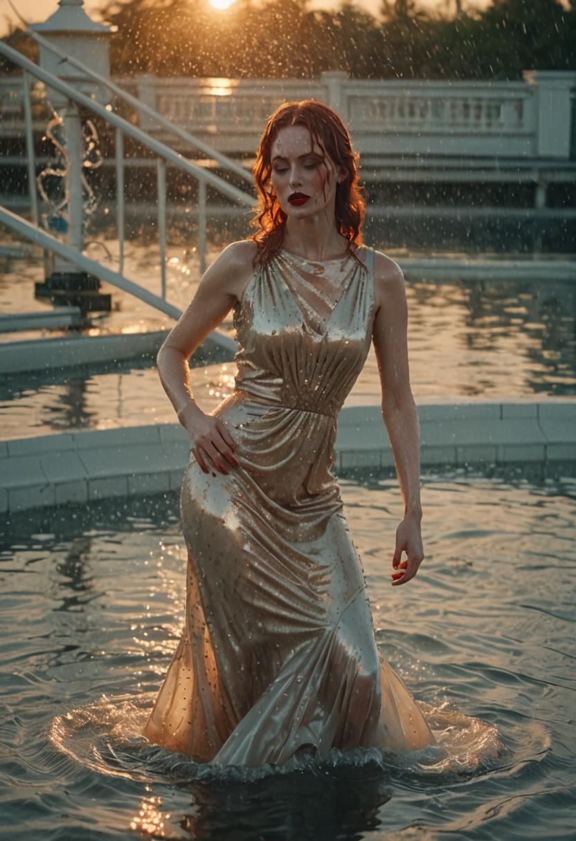 Glamorous Woman in Sunset Reflection