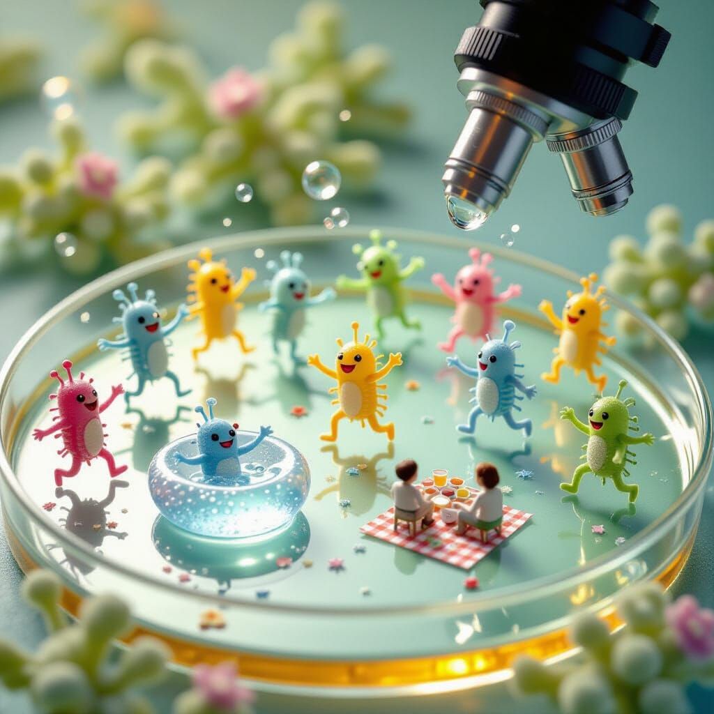 cheerful microbes dancing across a petri dish
a group of bacteria painting microscopic art
a germ taking ...  by @THEPENGUINISME