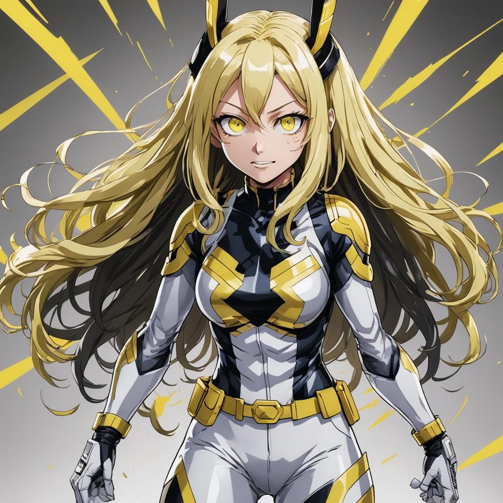 My hero academia girl with black and yellow long wavy hair and iridescent eyes in a white and yellow hero costume in a pose with a backgroun...