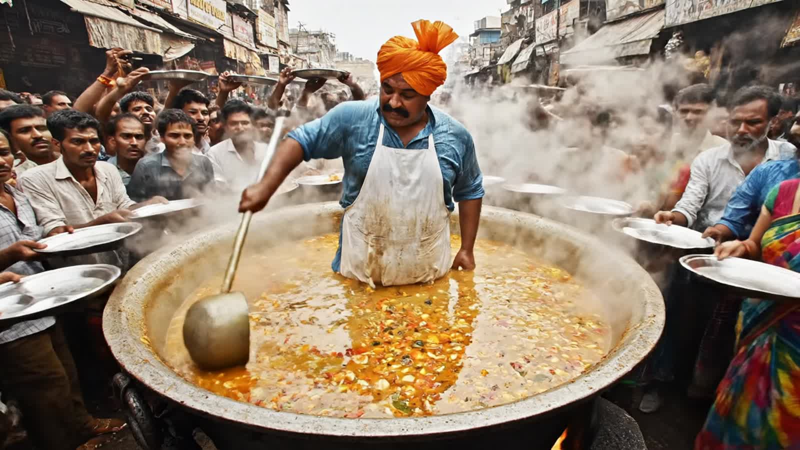 Hindi cook standing waist deep in soup in the middle of a huge pot and serving the street food from the very same pot to...