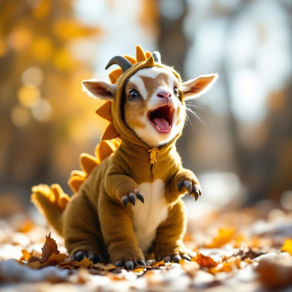 baby goat dressed as a dinosaur, roaring  by @Staircase Flash