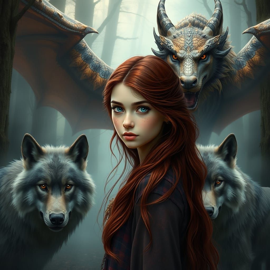 Girl in Mystical Forest with Wolves and Dragon