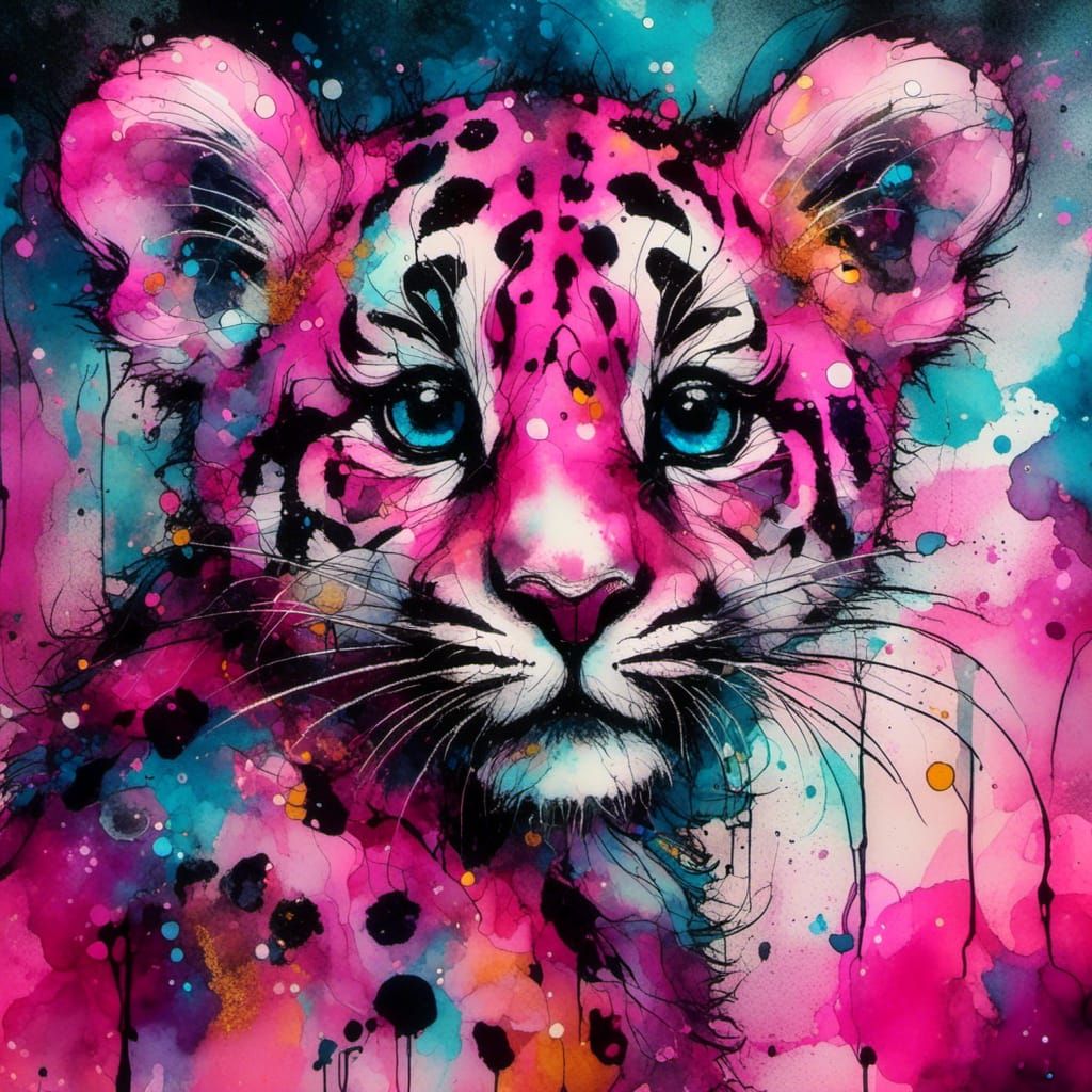 <lora:HRH-neonGrunge:1.0> neon grunge, abstract, alcohol inks, cute pink panther cub