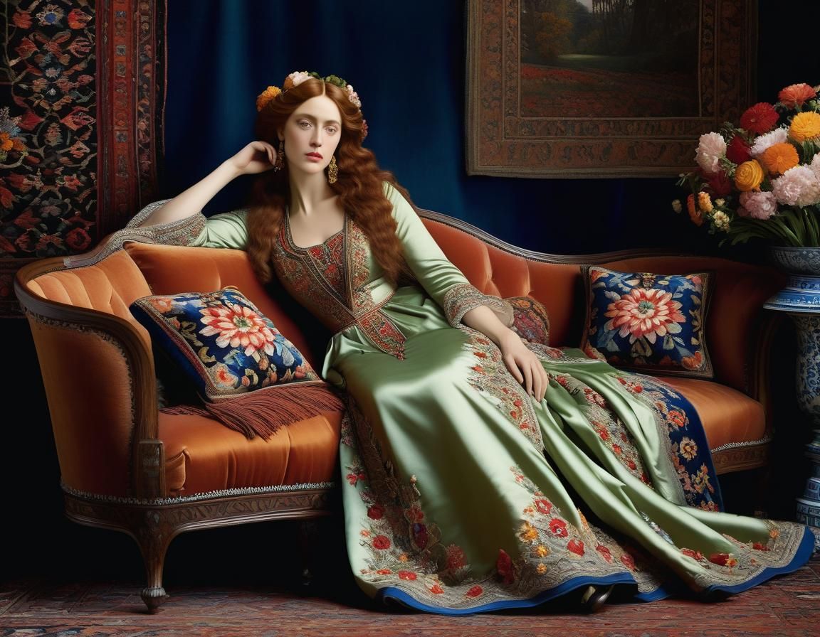 An oil painting portrait, Pre-Raphaelite, woman wearing an ornate ...