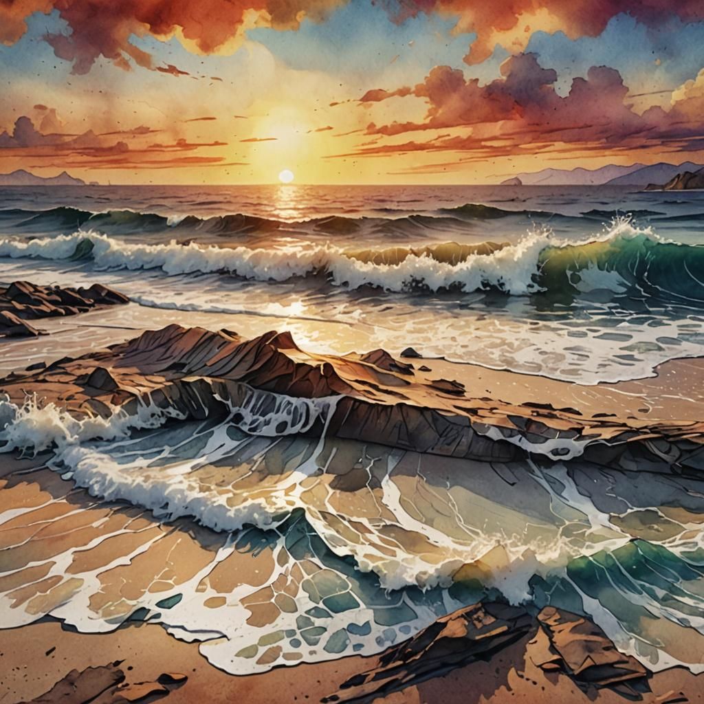Vibrant Sunset Beach Scene on Wrinkled Paper in Detailed Mat...