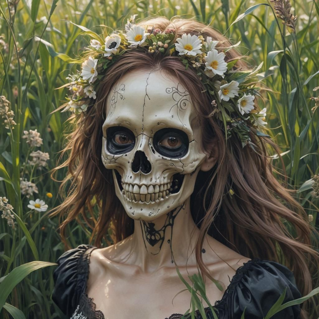 tenebrism macabre,oil emo big head black eyes skull head, hair blowing in wind skinny body, beautiful, tall grass, flowers, details, stylish...